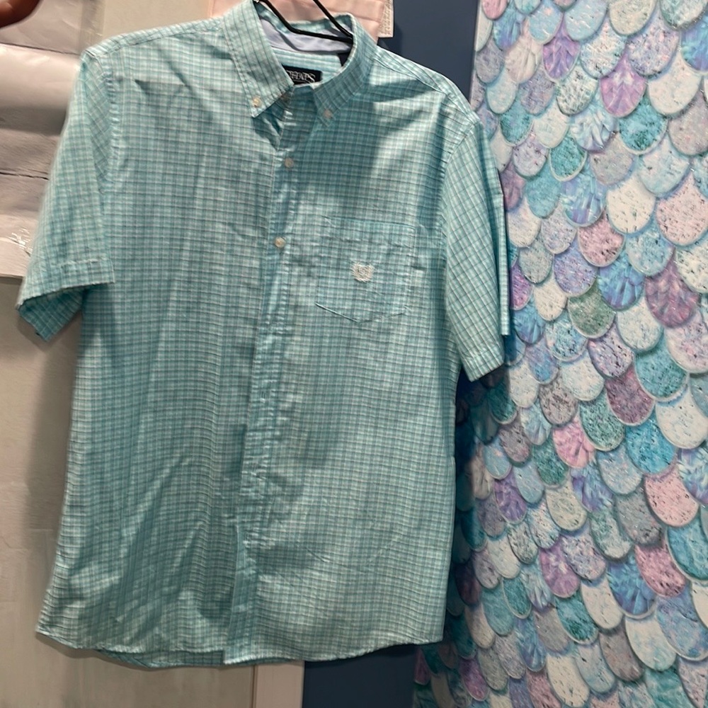 Chaps# size medium # plaid blue and white shirt